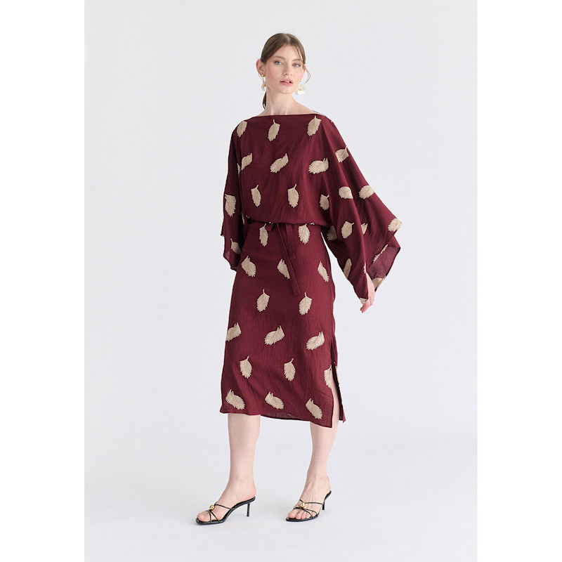 Thumbnail of Leaf Embroidered Kimono Sleeves Midi Dress In Burgundy image