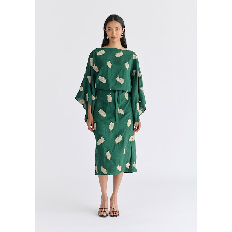Leaf Embroidered Kimono Sleeves Midi Dress In Green by PAISIE