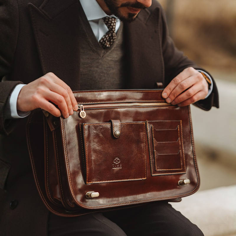 Thumbnail of Leather Briefcase Laptop Bag - Illusions - Brown image