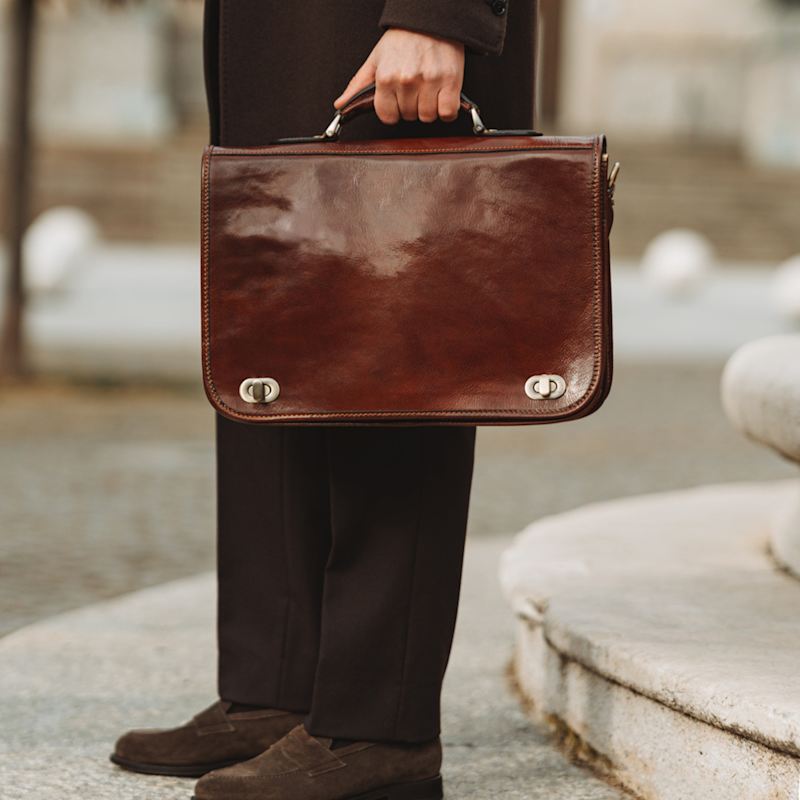 Thumbnail of Leather Briefcase Laptop Bag - Illusions - Brown image