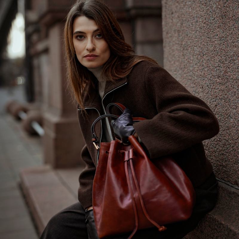 Thumbnail of Leather Bucket Bag For Women In Brown - Sybil image