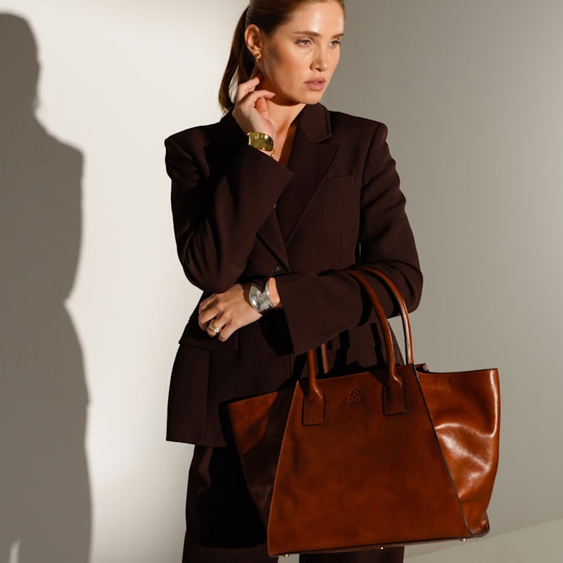 Thumbnail of Leather Handbag Tote Bag For Women In Cognac Brown - The Woman In White image