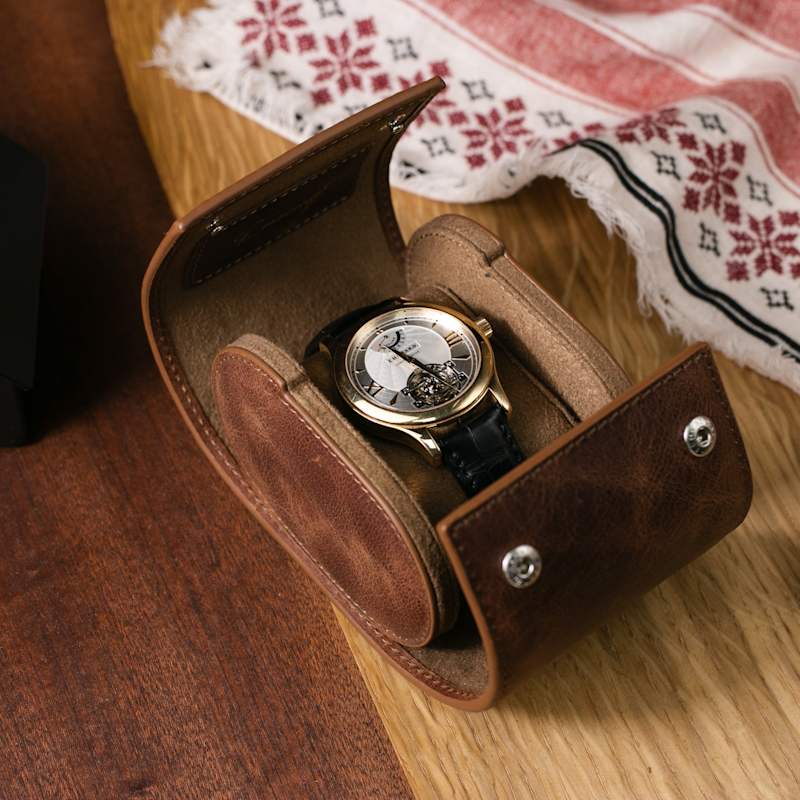 Thumbnail of Leather Travel Watch Case - Tobacco - Single Watch Roll image