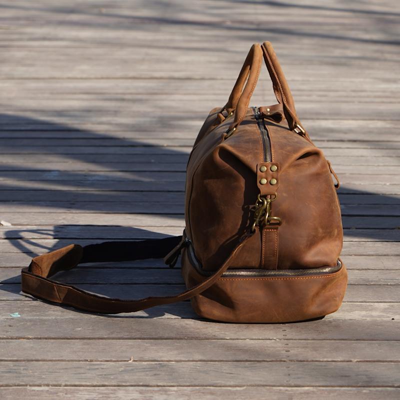 Thumbnail of Leather Weekend Bag With Suit Compartment - Light Brown image