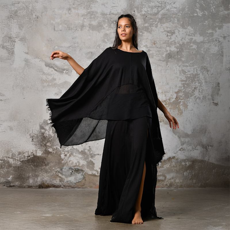 Leila Top - Boho Poncho Blouse - Black | Zhenabia | Wolf & Badger