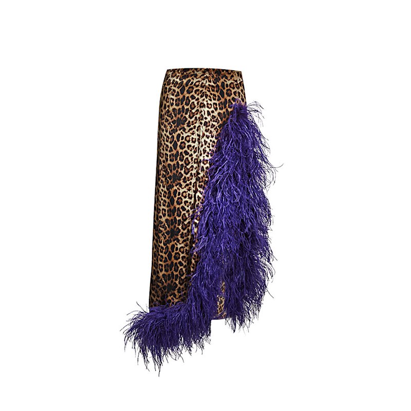 Thumbnail of Leopard Print Silk Skirt With Purple Ostrich Trim image