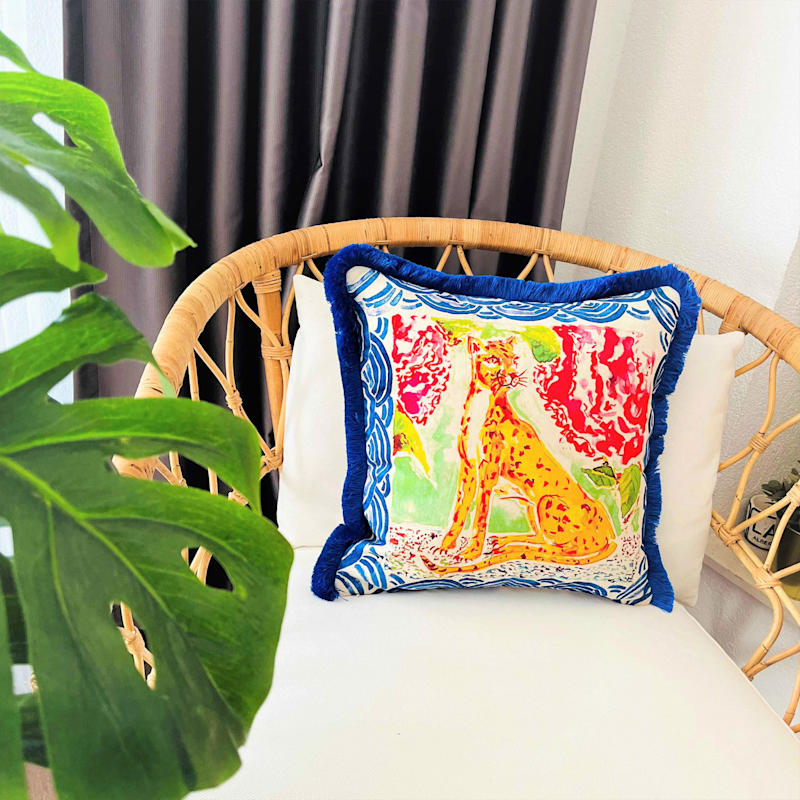 Thumbnail of Leopard Velvet Pillow Cover - Watercolor Animal Print Cushion - Blue Fringe Accent image