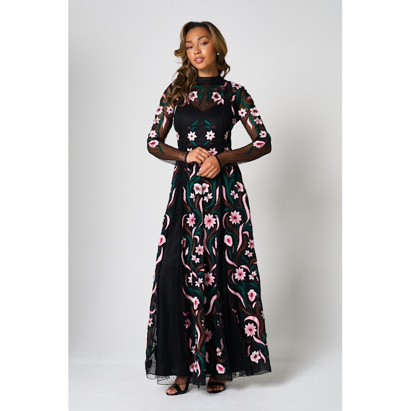 floral embroidered frill maxi dress reviews Frock & Frill Iris Navy Floral Embroidered Maxi Dress – Love My Apparel main image 0