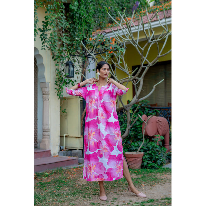 Thumbnail of Life Style Pink Oleander Print Linen Maxi Dress - Pink image