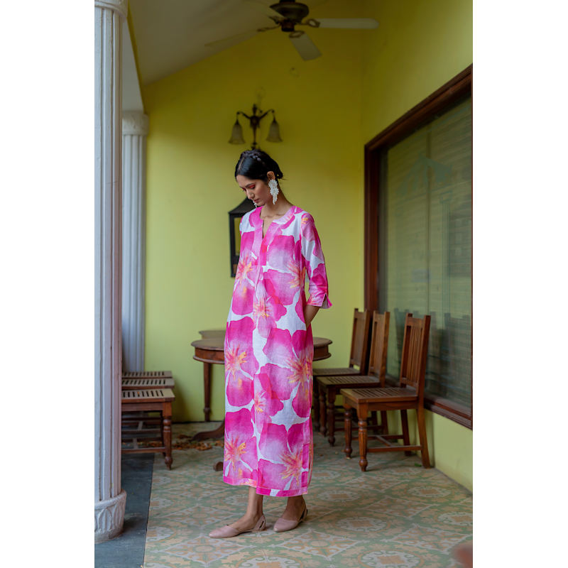Thumbnail of Life Style Pink Oleander Print Linen Maxi Dress - Pink image