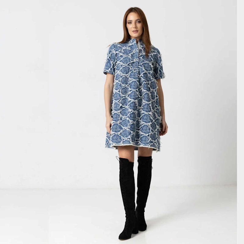 Thumbnail of Light Blue Denim Mini Dress With Floral Embroidery & Fringe image
