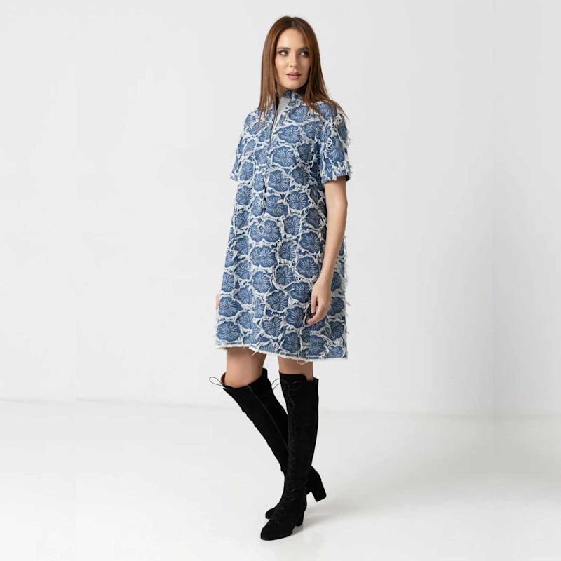 Thumbnail of Light Blue Denim Mini Dress With Floral Embroidery & Fringe image