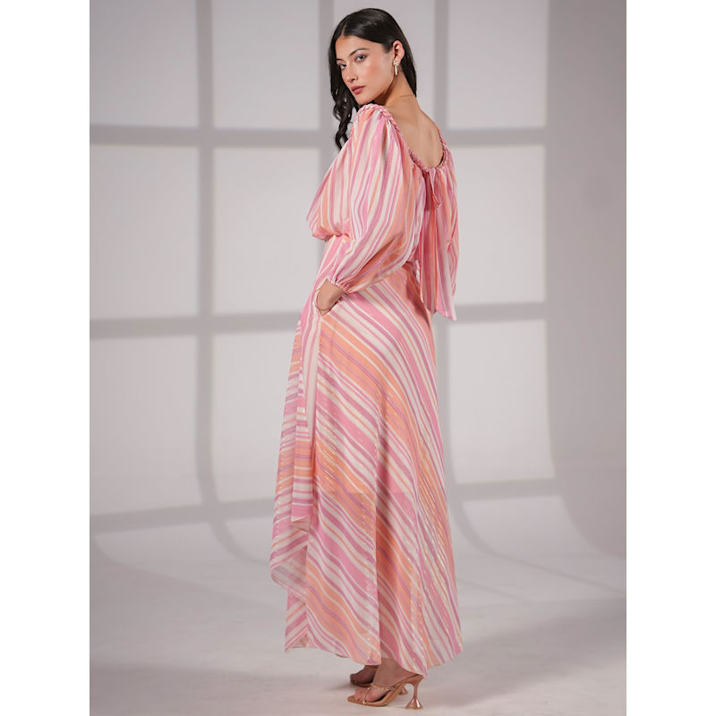 Thumbnail of Lila Pink Coral Metallic Stripe Asymetric Haxi Dress image