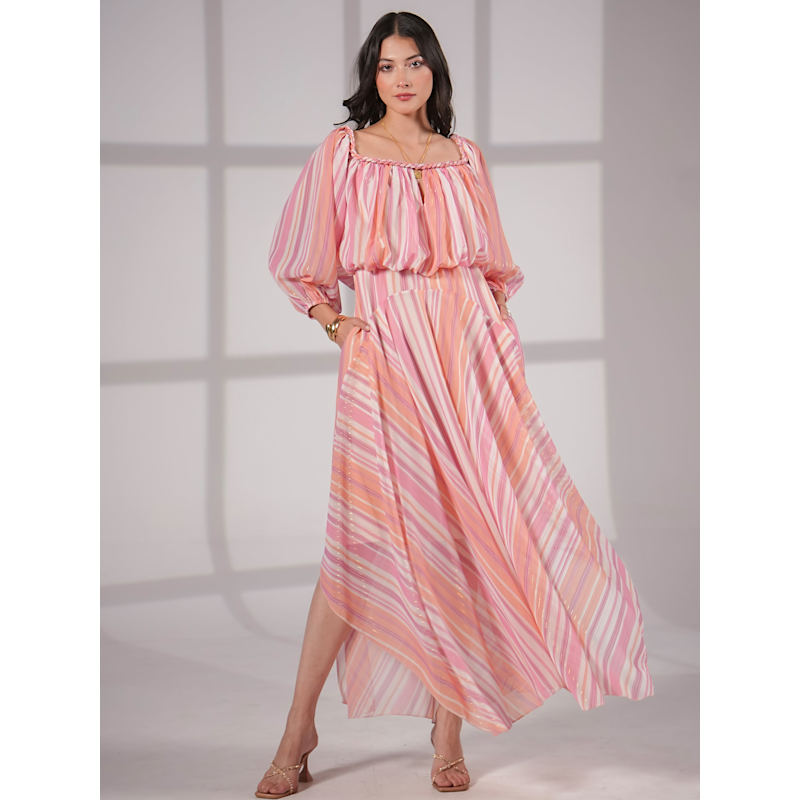 Thumbnail of Lila Pink Coral Metallic Stripe Asymetric Haxi Dress image