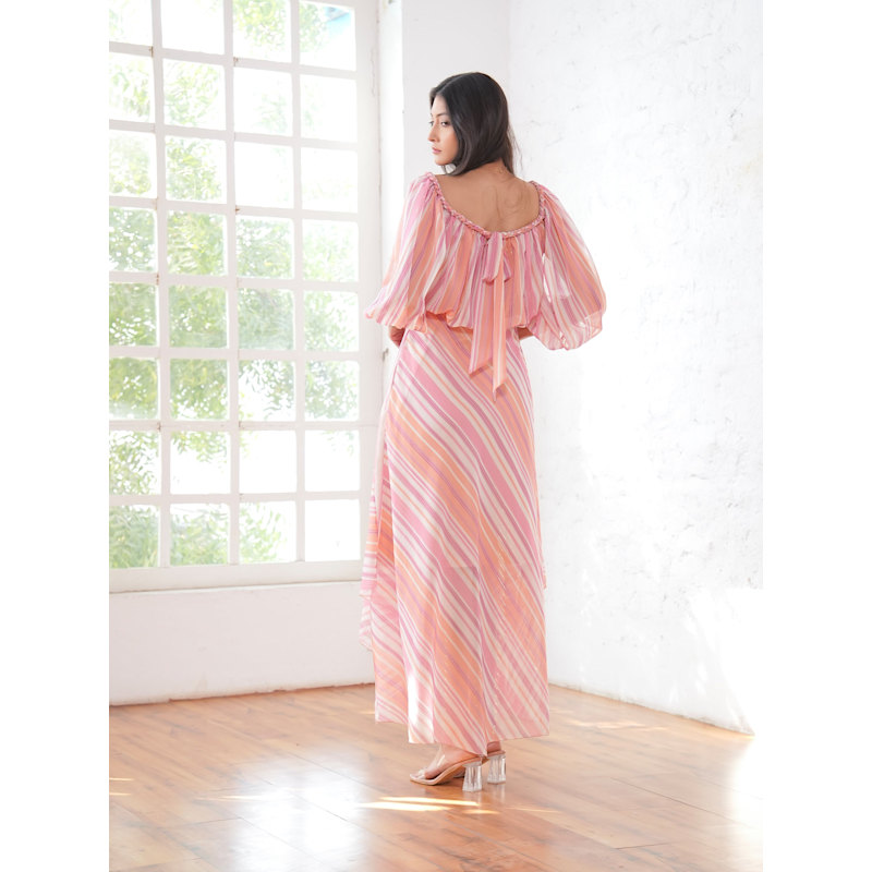 Thumbnail of Lila Pink Coral Metallic Stripe Asymetric Haxi Dress image