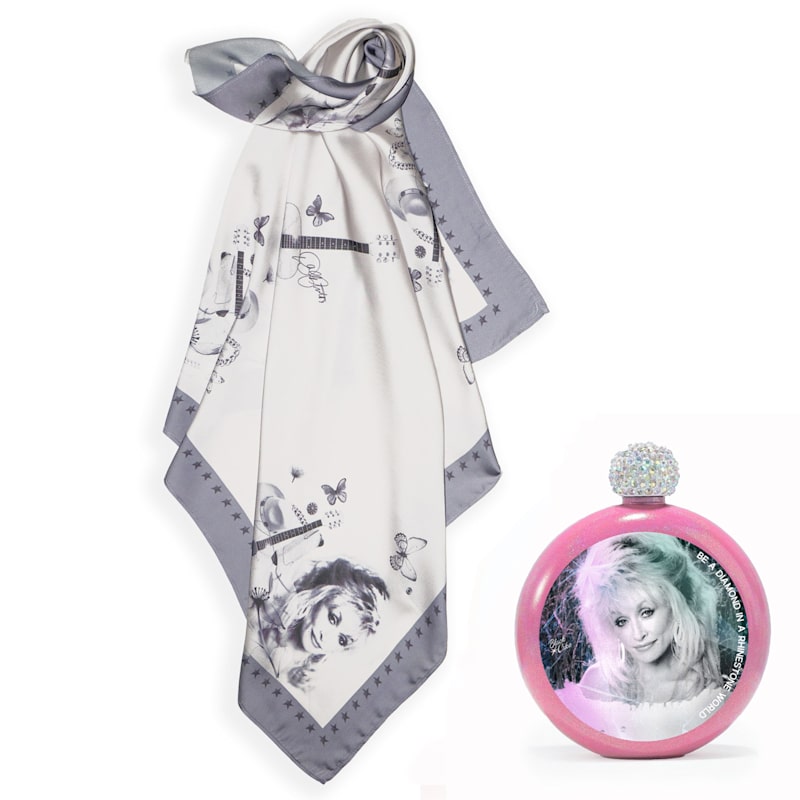 Thumbnail of Limited Edition Festival Dolly Parton Tribute Glitter Pink Spirit Flask And Dolly Love Butterflies Bandana Scarf image