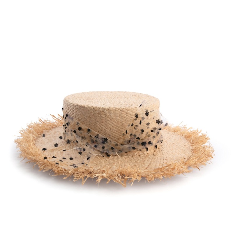 Thumbnail of Linda - Handfrayed Straw Hat With Floral Tulle Trimming image