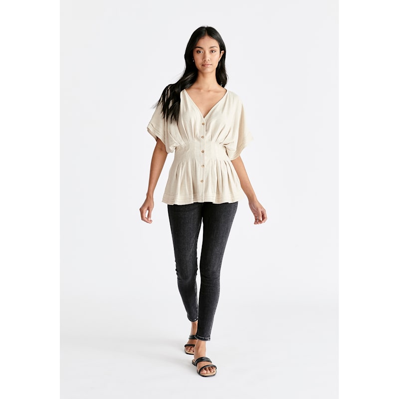 Capucine Cotton Blouse by Frnch - Oatmeal with Multi Coloured Stripes