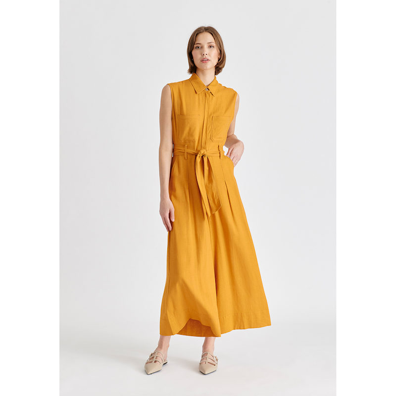 Linen Blend Jumpsuit With Stitch Details In Ochre Yellow | PAISIE | Wolf &  Badger