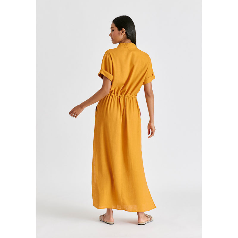 Thumbnail of Linen Blend Shirt Dress With Stitch Details In Ochre Yellow image
