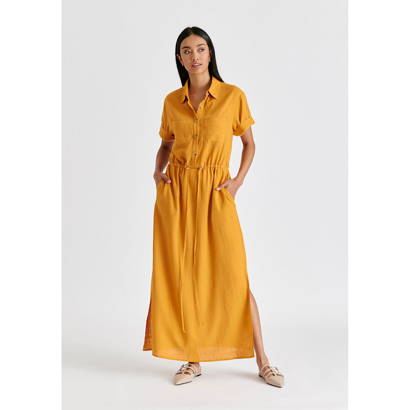 Women's Linen Blend Shirt Dress with Stitch Details in Ochre Yellow | Extra Small | Paisie