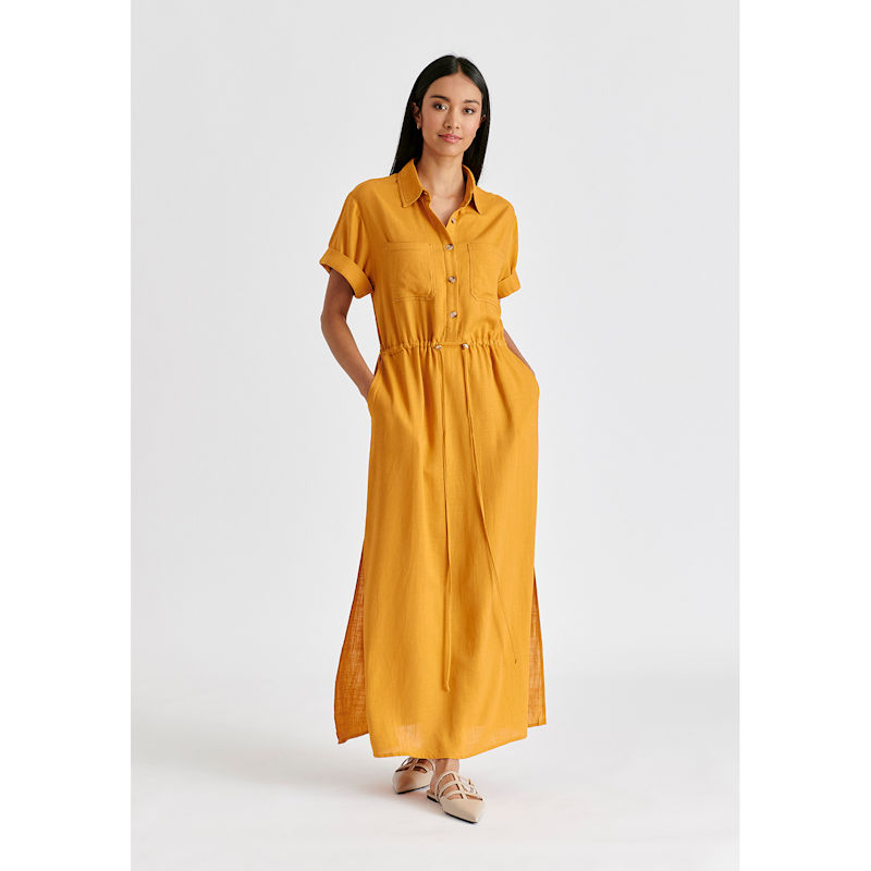 Linen Blend Shirt Dress With Stitch Details In Ochre Yellow | PAISIE | Wolf  & Badger