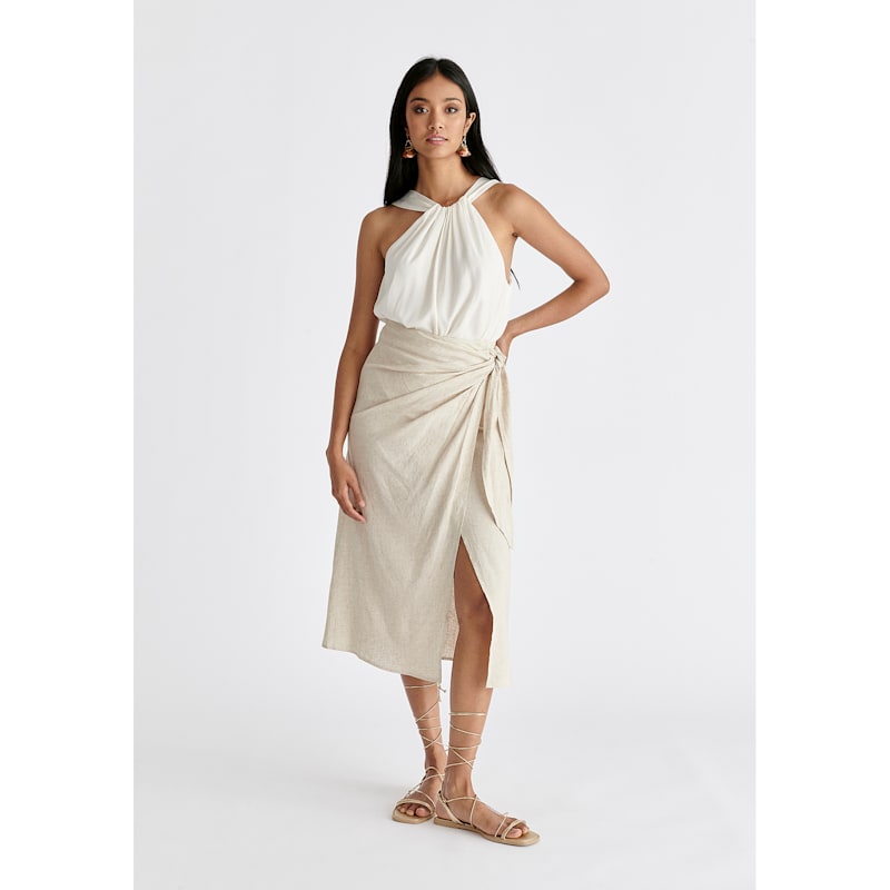 Thumbnail of Linen Blend Wrap Skirt In Oatmeal image
