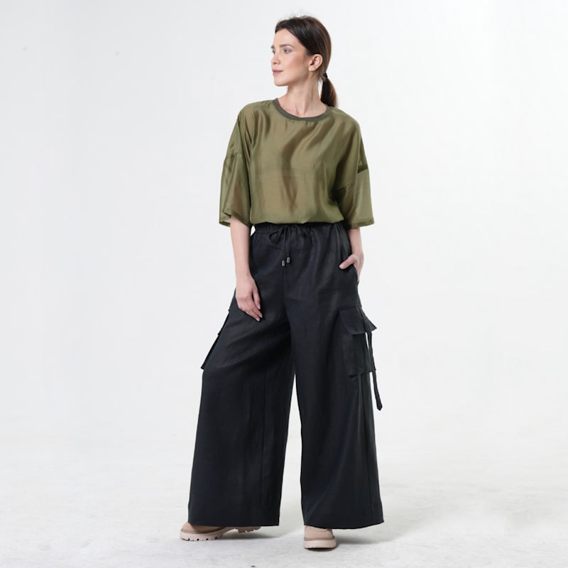 Thumbnail of Linen Cargo Palazzo Trousers In Black image