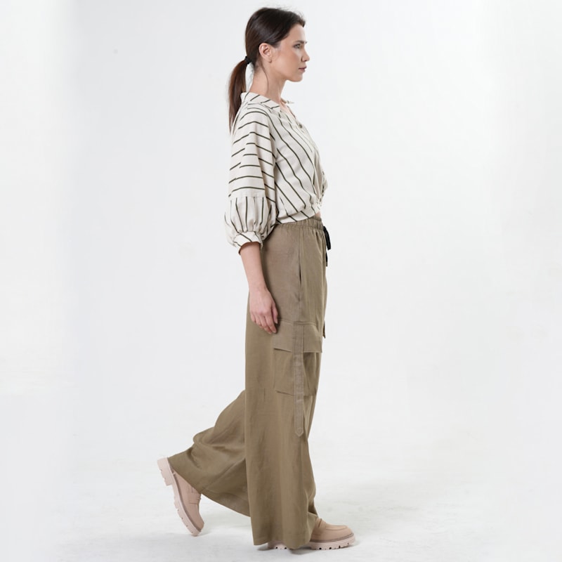 Thumbnail of Linen Cargo Palazzo Trousers In Khaki image