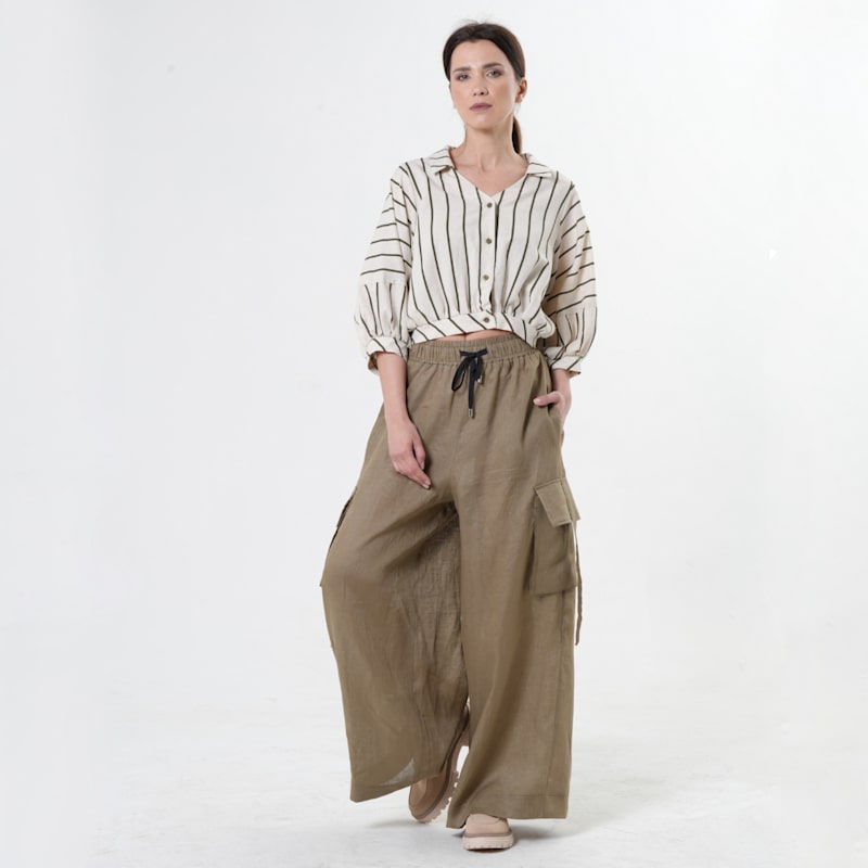 Thumbnail of Linen Cargo Palazzo Trousers In Khaki image