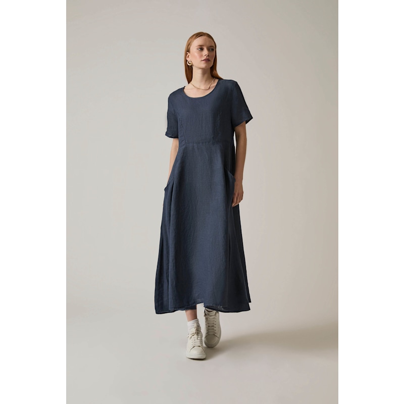 Linen Navy Pocket Midi Dress | James Lakeland | Wolf & Badger