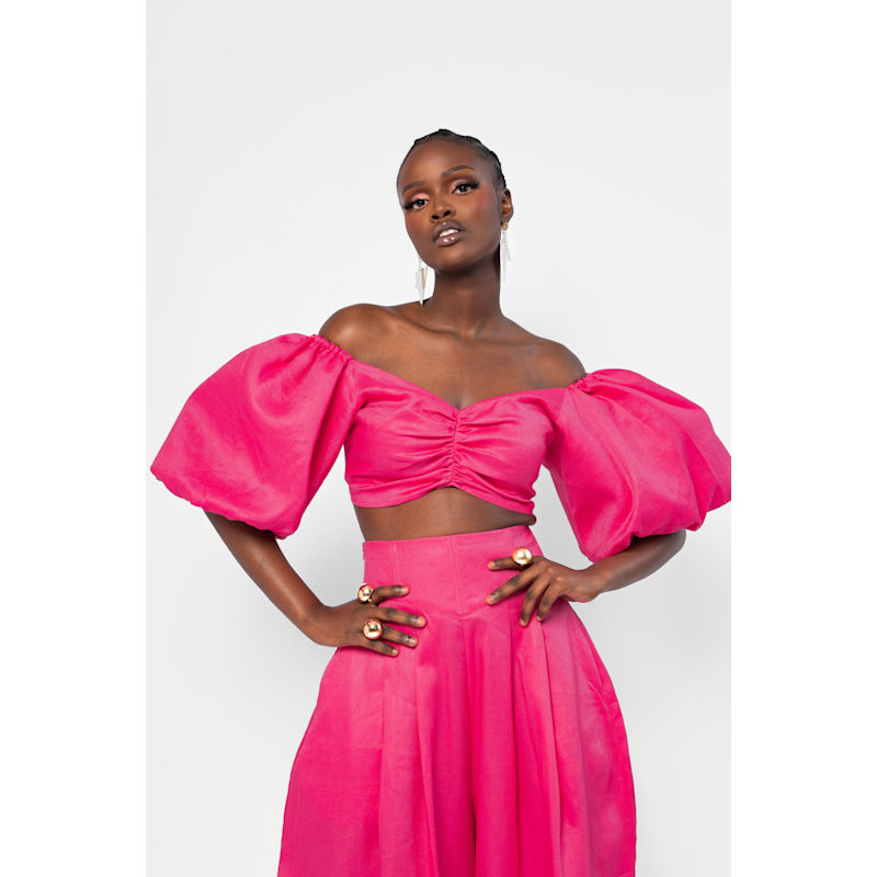 Linen Skye Puffy Sleeve Crop Top In Pink | OFUURE | Wolf & Badger