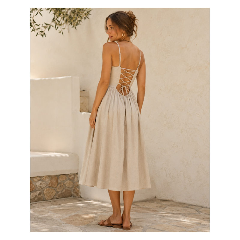 Linen Viscose Midi Dress Corset Back - Light Beige | Oh!Zuza