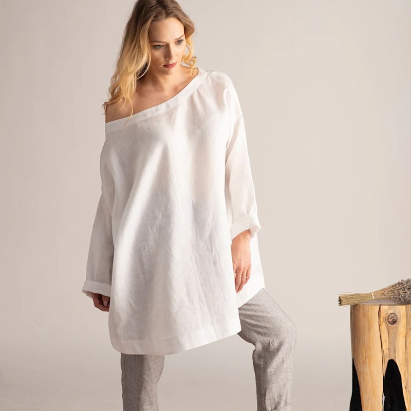 Thumbnail of Linen Summer Tunic With Off Shoulder And Long Sleeves In White image