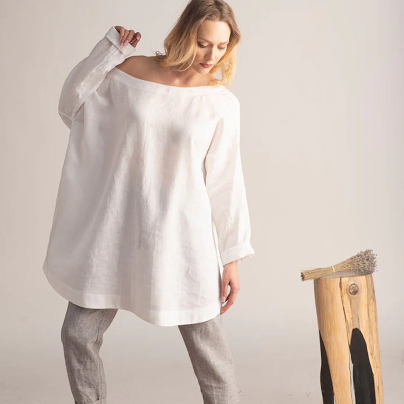 Thumbnail of Linen Summer Tunic With Off Shoulder And Long Sleeves In White image