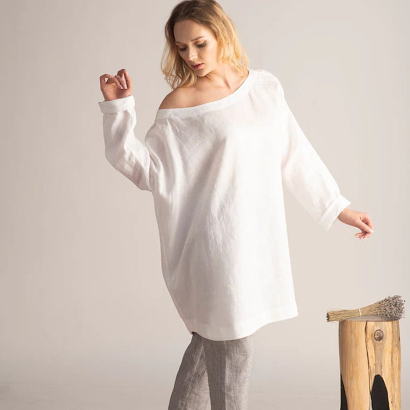 Thumbnail of Linen Summer Tunic With Off Shoulder And Long Sleeves In White image