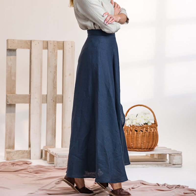 Linen Tulip Skirt With High Waist & Wrap Tie In Dark Blue | Nikka