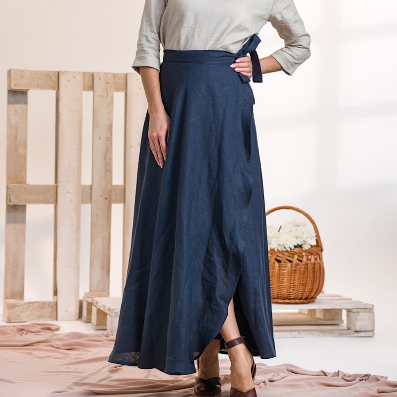 Linen Tulip Skirt With High Waist & Wrap Tie In Dark Blue | Nikka