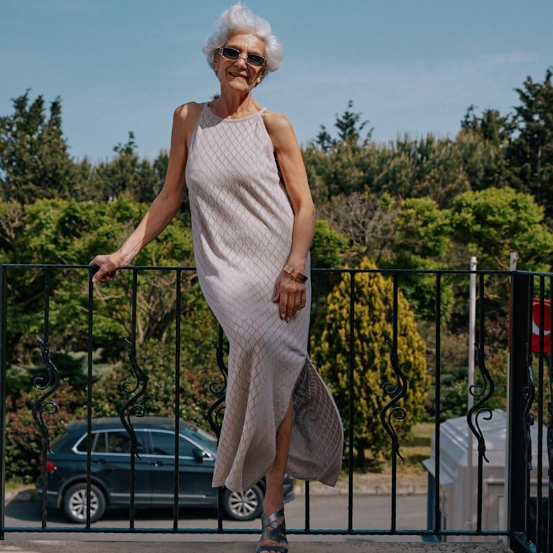 Thumbnail of Lisa Openwork Maxi Halter Beach Dress In Stone image