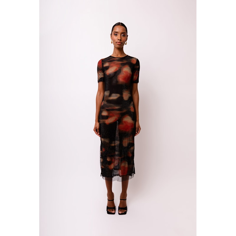 新品未使用　パメオポーズ　NERD PATTERN LONG DRESS Lisbon Rhinestone Embellished Abstract Mesh Midi Dress | AMY