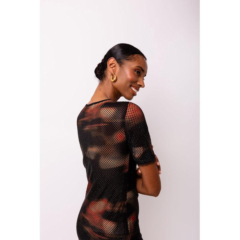 Lisbon Rhinestone Embellished Abstract Mesh Midi Dress | AMY
