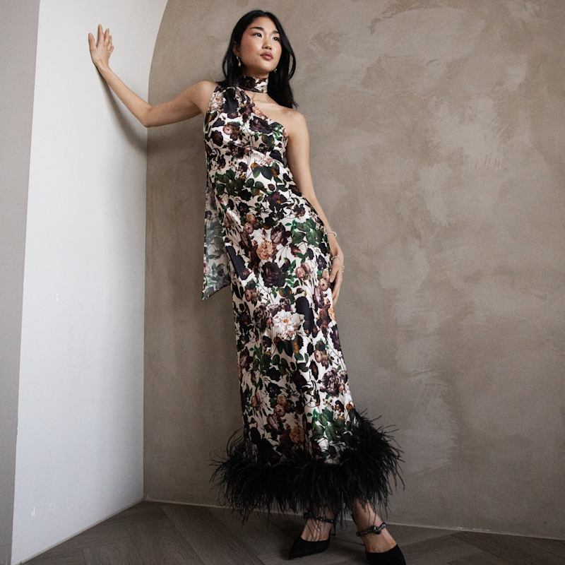 feather asymmetric dress AURORA ASYMMETRIC DRAPED BLACK FEATHER DRESS | CULT MIA