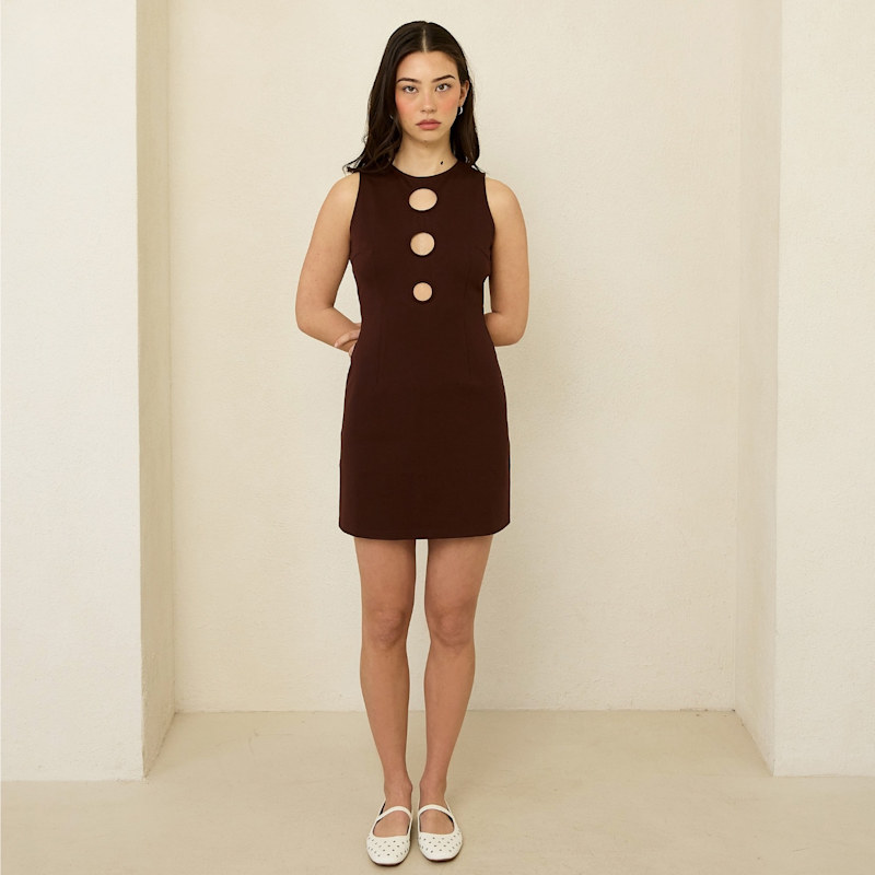 chinese dress ladies Miss Circle Women's Shelby Dark Brown Faux Leather with Lace Mini Dress - Dark Brown