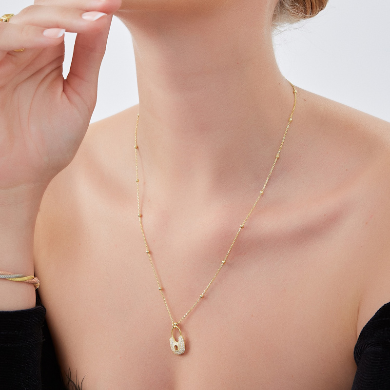 Thumbnail of Lock Pendant Necklace With Beaded Chain Sterling Silver - Gold image