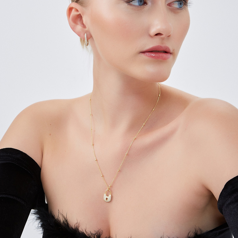 Thumbnail of Lock Pendant Necklace With Beaded Chain Sterling Silver - Gold image