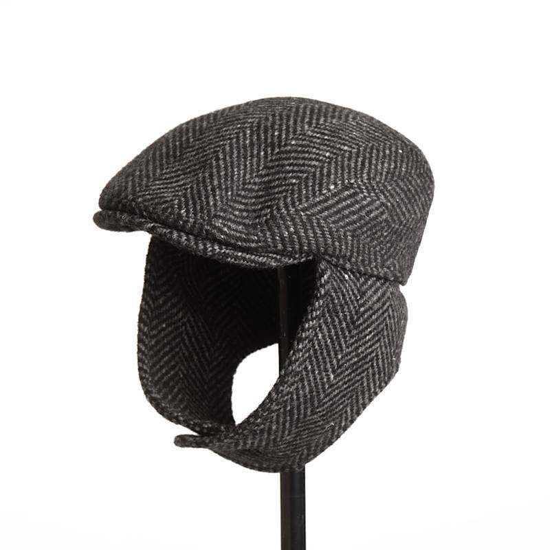 Logan Charcoal Tweed Wool Checks Italian Cap With Earflaps Trapper ...