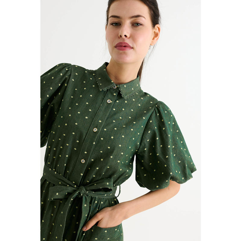 Thumbnail of Lola Flower Dot Print Balloon Sleeve Shirtdress - Fern Green image
