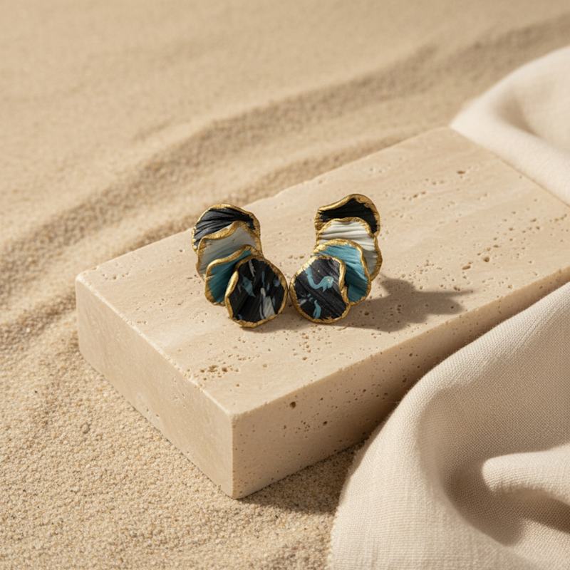 Thumbnail of Lola Handmade Black And Blue Layered Petal Earrings image