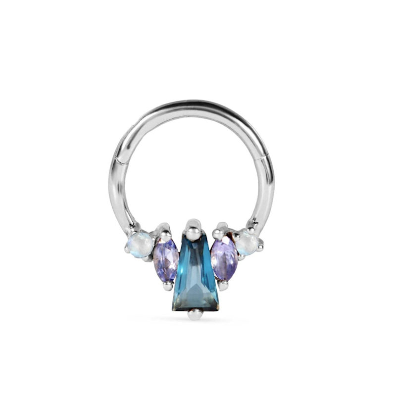 Thumbnail of London Blue Topaz, Tanzanite & Moonstone Baguette Daith Hoop Sterling Silver image
