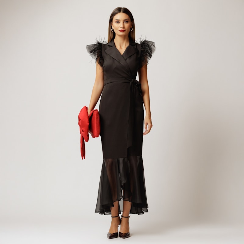 Long Black Blazer Wrap Dress With Tulle And Soft Veil | concept A